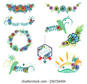 Set of designs on vacation theme with hibiscus, flower, parrot, butterfly, surfboard and sun