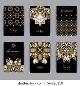 A set of designs for a postcard, a poster, a booklet. Set of Luxury Gold artistic pages. Vintage art traditional, Islam, arabic, indian, ottoman motifs, elements.