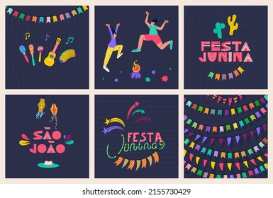 Set of designs for postcards and posters for the celebration of feast of St. John. Text in portuguese São João - Saint John, festa junina - june party. Vector illustration.