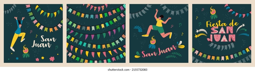 Conjunto de diseños para postales o afiches para la celebración de San Juan. Texto en la Fiesta de San Juan. La gente está saltando sobre la hoguera, los fuegos artificiales y las banderas decorativas