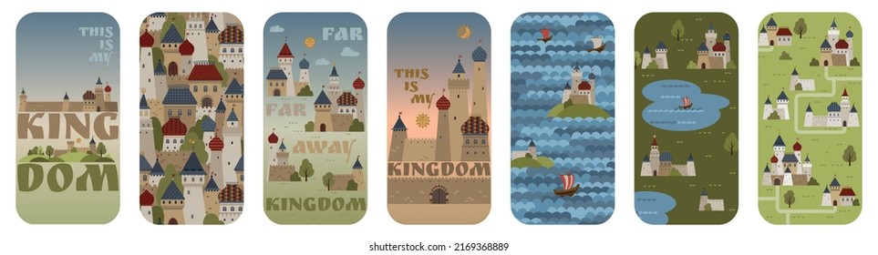 A set of designs for printing on phone cases. The vector illustrations are drawn in folklore medieval style with castles, fields, text and towers.