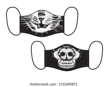 Set of designs reusable funny masks with cat and dog mouth on black background  vector illustration