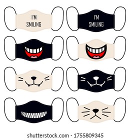 Set of designs of reusable mouth funny masks with characters, smiles, emotion faces in vector.