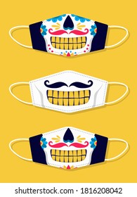 Set of designs reusable mouth funny masks with skull. Day of the Dead