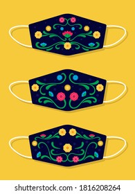 Set of designs reusable mouth funny masks with flowers. Day of the Dead