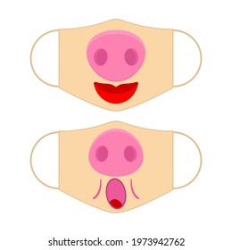 Set of designs of reusable mouth funny masks with pig nose in vector.