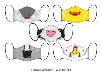 Set Of Designs Reusable Mouth Kids Funny Masks With Farm Animals Faces In Vector