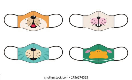 Set of designs reusable mouth kids funny masks with animals faces in vector