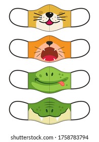 Set Of Designs Reusable Mouth Kids Funny Masks With Animals Faces In Vector