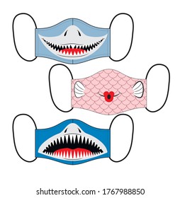 Conjunto de diseños de bocas reutilizables niños máscaras graciosas en vector. El diseño de los tiburones y los peces.