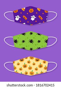 Set of designs reusable mouth kids funny face masks with halloween seamless pattern