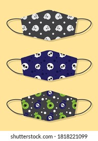 Set of designs reusable mouth kids funny face masks with skull seamless pattern