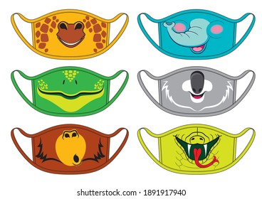 Set of designs reusable mouth kids funny masks with giraffe, elephant, koala, frog, monkey and snake faces in vector