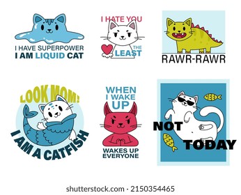 Set of designs for T shirts. Colorful posters with cute cats, inscriptions and funny creative ideas. Elements for printing on fabric. Cartoon flat vector collection isolated on white background