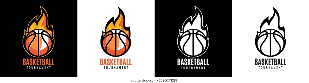 Set of designs for Team of tournament, colorful symbols or emblems. Basketball ball on fire background on a black and white background. Design in a graphic art style. Vector illustration