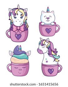 set designs of unicorns and cute icons vector illustration design