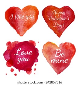 Set of designs of Valentines day greeting card with hand drawn vector watercolor heart
