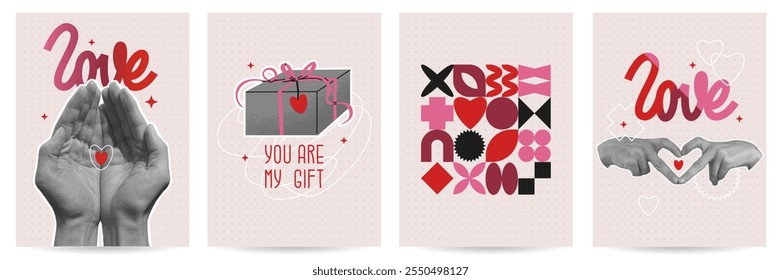 Set of designs for Valentine's day greeting cards. February 14 is Valentine's Day. Realistic images of hands. Modern y2k style, abstract shapes and pixel aesthetics. Vector illustration