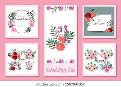 set designs of wedding invitation cards and flowers vector illustration design