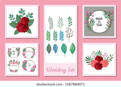 set designs of wedding invitation cards and flowers vector illustration design