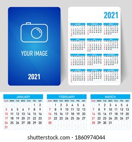 Legen Sie den Desktop 2021 für Kalendervorlagen mit Platz für Foto und Firmenlogo fest. Frühling, Sommer-Herbst und Winter. Die Woche beginnt am Sonntag. Farbiges, druckbares und bearbeitbares Design des Kalenders
