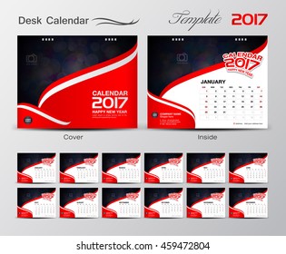 set Desk Calendar 2017 Template design Vector illustration, red cover,  flyer design, business brochure, advertisement, printing layout