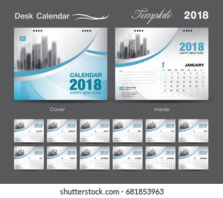 Set Desk Calendar 2018 template design, blue cover, Set of 12 Months, Week start Sunday, advertisement layout