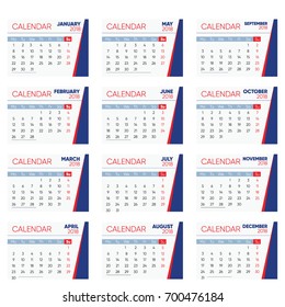 Set Desk Calendar 2018 template design, blue cover, Set of 12 Months, Week start Monday