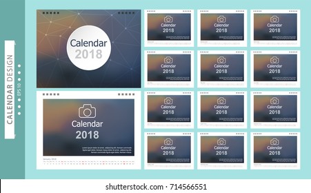 Set Desk Calendar 2018 template design with Place for Photo and Company Logo. Week Starts on Sunday. Set of 12 Months