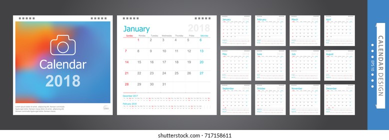 Set Desk Calendar 2018 template design with Place for Photo and Company Logo. Week Starts on Sunday. Set of 12 Months