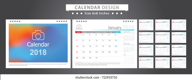 Set Desk Calendar 2018 template design with Place for Photo and Company Logo. Week Starts on Sunday. Set of 12 Months