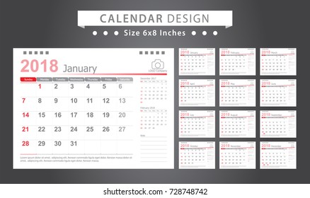 Set Desk Calendar 2018 template design with Place for Photo and Company Logo. Week Starts on Sunday. Set of 12 Months. size 6x8 inches.