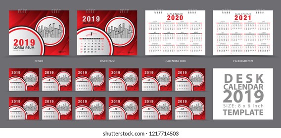 Set Desk calendar 2019 template, Set of 12 Months, Calendar 2019, 2020, 2021 artwork, Planner, Week starts on Sunday, Stationery design, advertisement, Vector layout, Red cover design, flyer