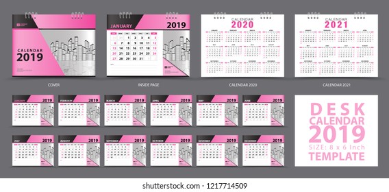 Set Desk calendar 2019 template, Set of 12 Months, Calendar 2019, 2020, 2021 artwork, Planner, Week starts on Sunday, Stationery design, advertisement, Vector layout, Pink cover design, flyer