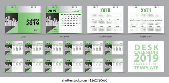 Set Desk calendar 2019 template, Set of 12 Months, Calendar 2019, 2020, 2021 artwork, Planner, Week starts on Sunday, Stationery design, advertisement, Vector layout, green cover design