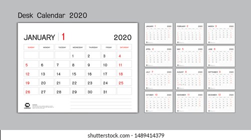 Set Desk Calendar 2020 Template Vector, Week Start On Sunday, Planner, Stationery, Printing, Advertisement