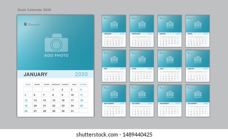 Set Desk Calendar 2020 template Vector, Week Start On Sunday, Planner, Stationery, Printing, vertical artwork