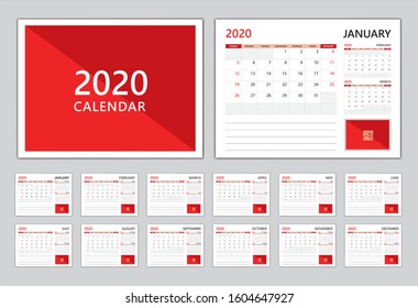 Set Desk calendar 2020 template, Calendar 2020, Can use Place for Photo, Red cover modern design, Set of 12 Months, vector illustration