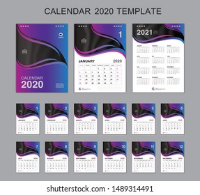 Set Desk Calendar 2020 Vector, Calendar 2021 Design, Week Start On Sunday, Planner, Stationery, Printing, vertical artwork, purple concept
