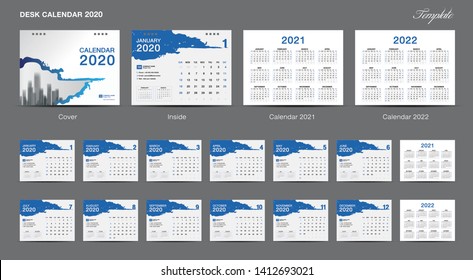 Set Desk Calendar 2021 template design vector, Calendar 2020, 2021, 2022, Blue cover design, Set of 12 Months, Week starts Sunday, Wall calendar 2022 design, poster, planner, advertisement, printing