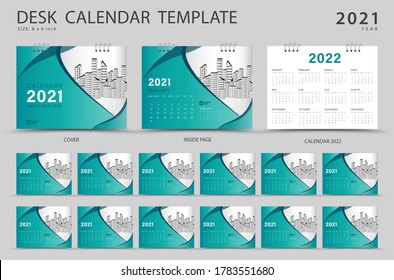 Set Desk calendar 2021 template creative design. Calendar 2022 layout, Set of 12 Months, Planner, Week starts on Sunday, Stationery design, advertisement, Modern Red cover design, Vector eps10