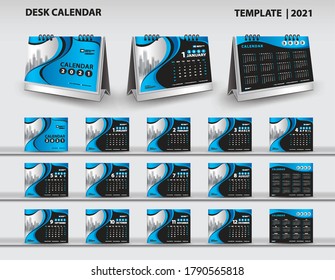 Set Desk Calendar 2021 template vector and desk calendar 3d mockup, Calendar 2022-2023 template design, Blue cover design, Set of 12 Months, Week starts Sunday, Stationery.