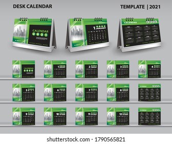 Set Desk Calendar 2021 template vector and desk calendar 3d mockup, Calendar 2022-2023 template design, Green cover design, Set of 12 Months, Week starts Sunday, Stationery.