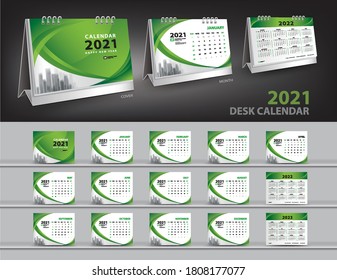 Set Desk Calendar 2021 template vector and desk calendar 3d mockup, Calendar 2022-2023 template design, Green cover design, Set of 12 Months, Week starts Sunday, Stationery.
