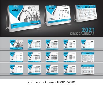 Set Desk Calendar 2021 template vector and desk calendar 3d mockup, Calendar 2022-2023 template design, Blue cover design, Set of 12 Months, Week starts Sunday, Stationery.
