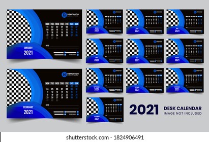 Set Desk Calendar 2021 template design vector, Calendar 2021 cover design, Set of 12 Months, Week starts Sunday, Stationery design, flyer, printing layout, publication template, planner