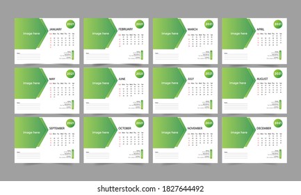 Set Desk Calendar 2021 template design. Set of 12 Months, Week starts Monday