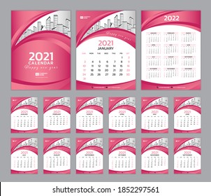 Plantilla Set Desk Calendar 2021, Calendario 2022, Diseño de portada. La semana comienza el domingo, Conjunto de 12 meses, plantilla de planificador. Fondo de color de color de la hoja