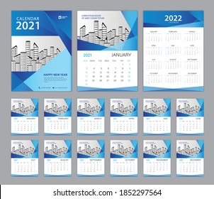 Set Desk Calendar 2021 template, Calendar 2022, Cover design. Week Starts on Sunday, Set of 12 Months, planner template. Blue abstract background