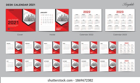 Set-Desk-Kalender 2021 Vorlage Design-Vektorgrafik, Kalender 2022-2023, rotes Cover-Design, Set von 12 Monaten, Woche beginnt Sonntag, Schreibtisch, Planer